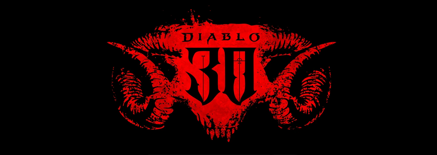 Emblema rojo sobre fondo negro con la palabra Diablo sobre un escudo de letras góticas y unos cuernos de carnero a los lados