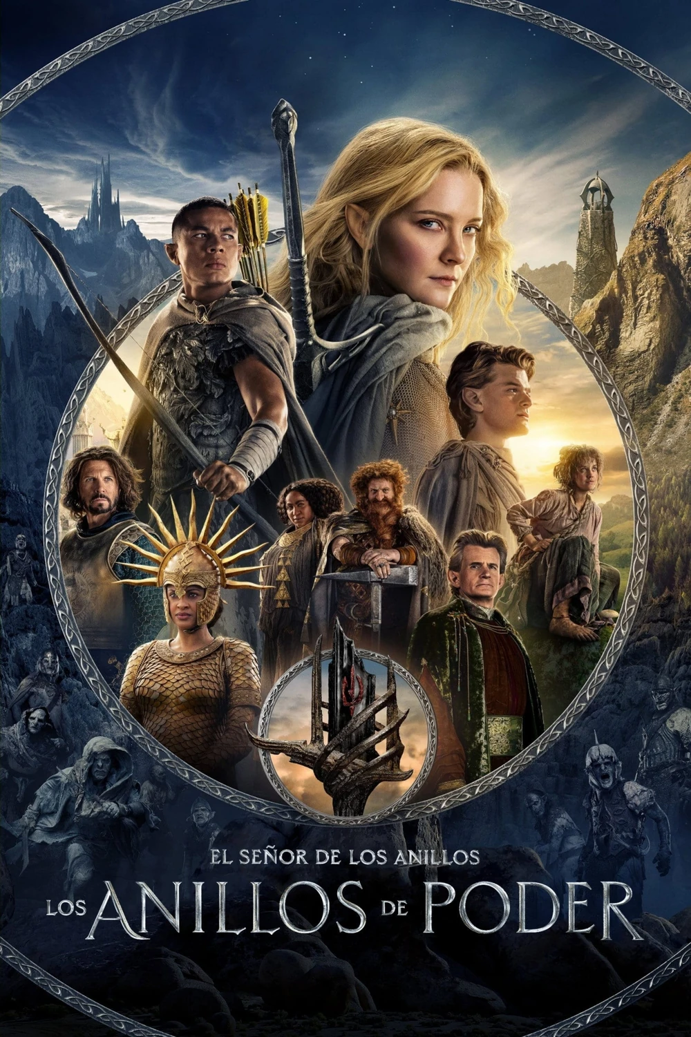 Cartel en español de El Señor de los Anillos: Los Anillos de Poder, con Galadriel en primer plano y el reparto de la primera temporada dentro de un gran anillo