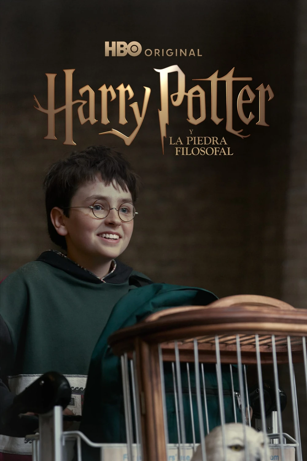 Cartel español de la serie Harry Potter de HBO: Dominic McLaughlin como Harry, con gafas redondas y sonriendo, tras un carrito de equipaje con una jaula en la que asoma una lechuza blanca, bajo el logo «HBO Original» y el título «Harry Potter y la piedra filosofal»