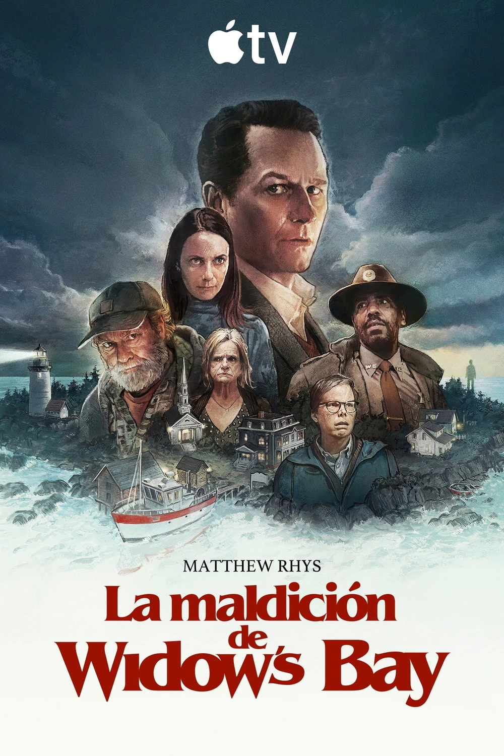Cartel español de La maldición de Widow's Bay: retratos ilustrados de Matthew Rhys y del resto del reparto sobre la isla, con un faro y un barco, bajo un cielo de tormenta
