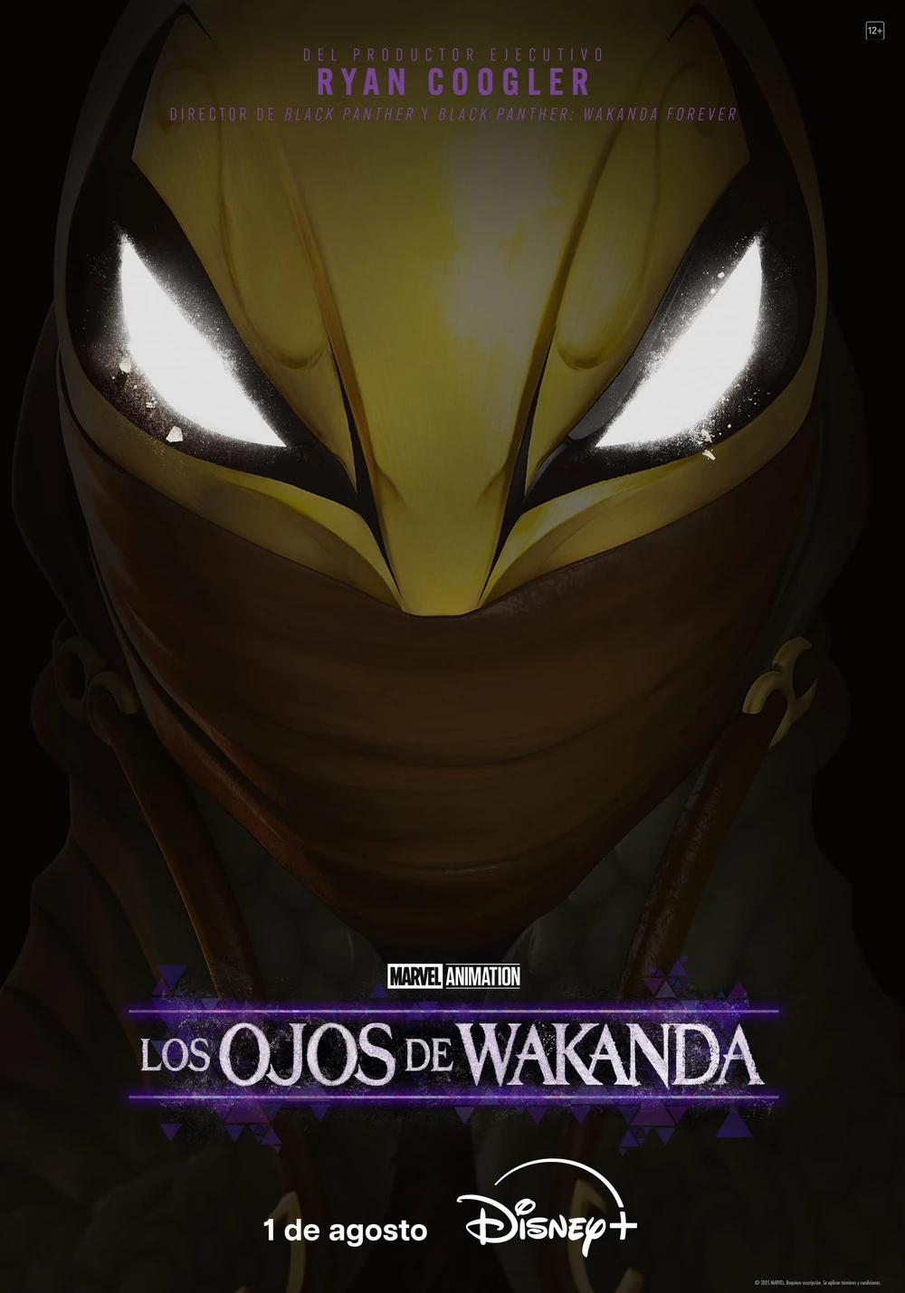 Cartel español de Los ojos de Wakanda: una máscara dorada con los ojos blancos encendidos ocupa todo el cartel sobre fondo oscuro, con la fecha del 1 de agosto