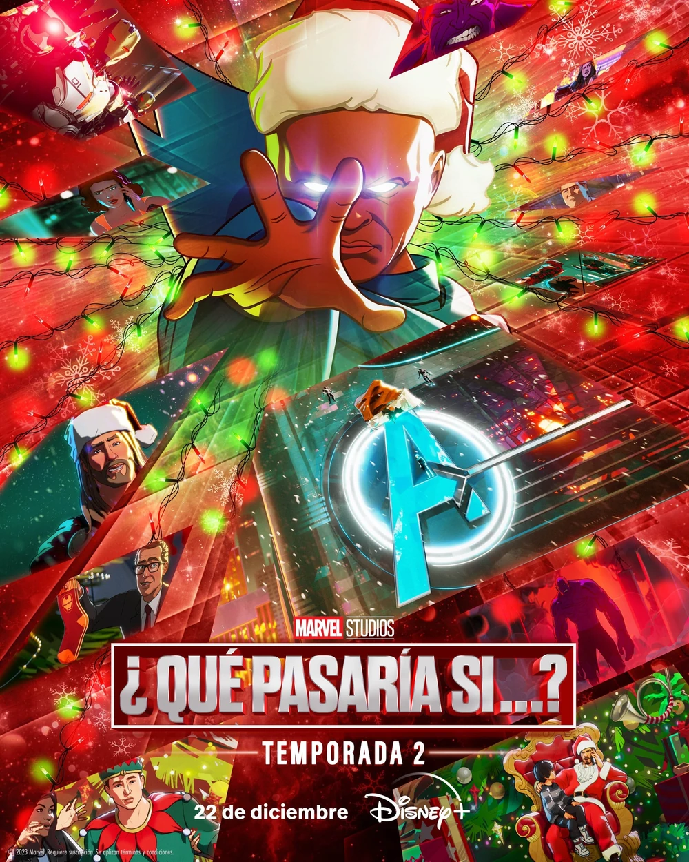 Cartel español de la segunda temporada: el Vigilante, con gorro de Papá Noel y los ojos brillantes, sobre un mosaico navideño de personajes de Marvel y el logotipo de los Vengadores, con la fecha del 22 de diciembre