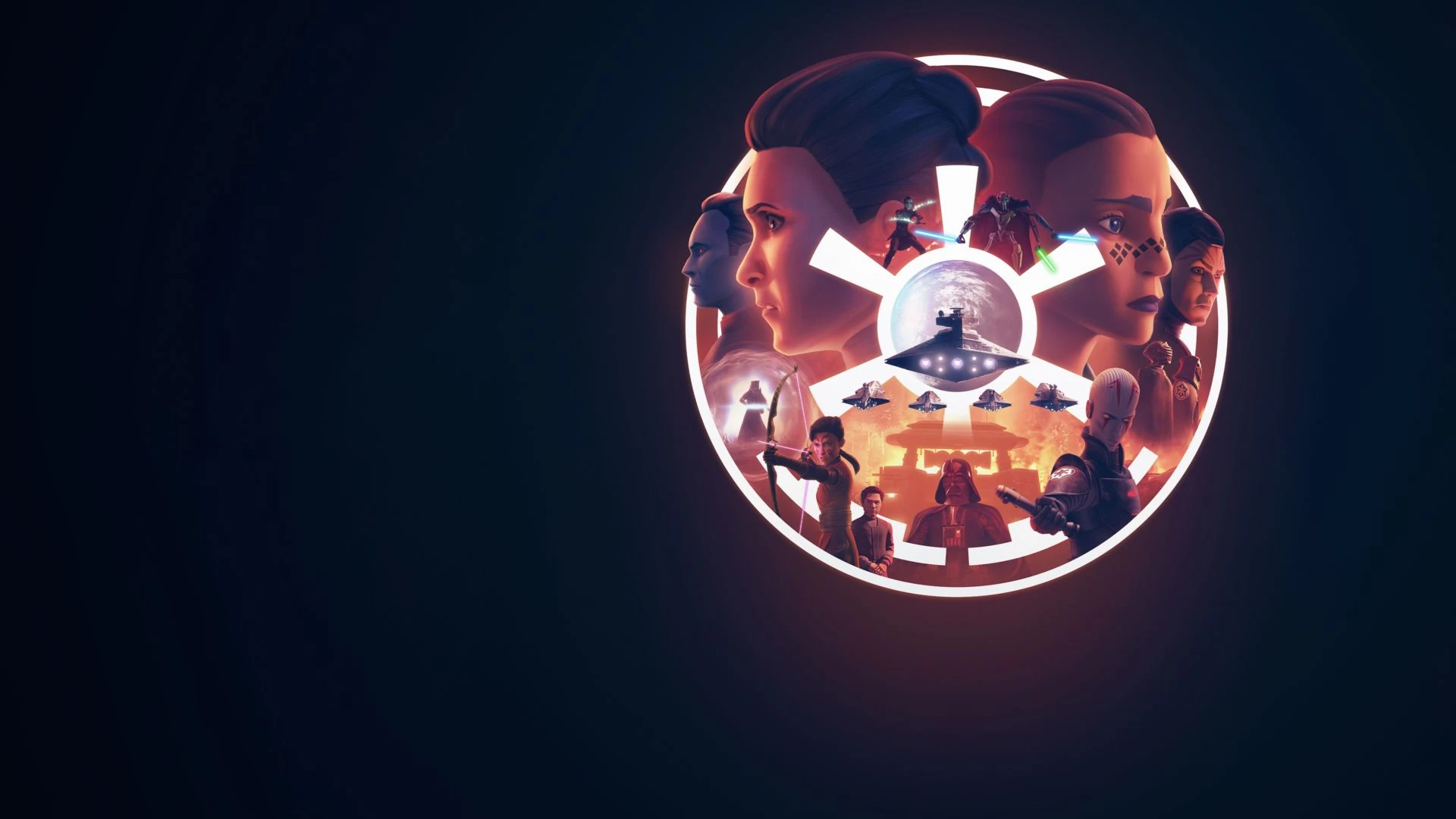 Arte de Star Wars: Crónicas del Imperio: un círculo con el emblema del Imperio en el centro y los rostros de dos mujeres y varias escenas de la serie alrededor, sobre fondo negro