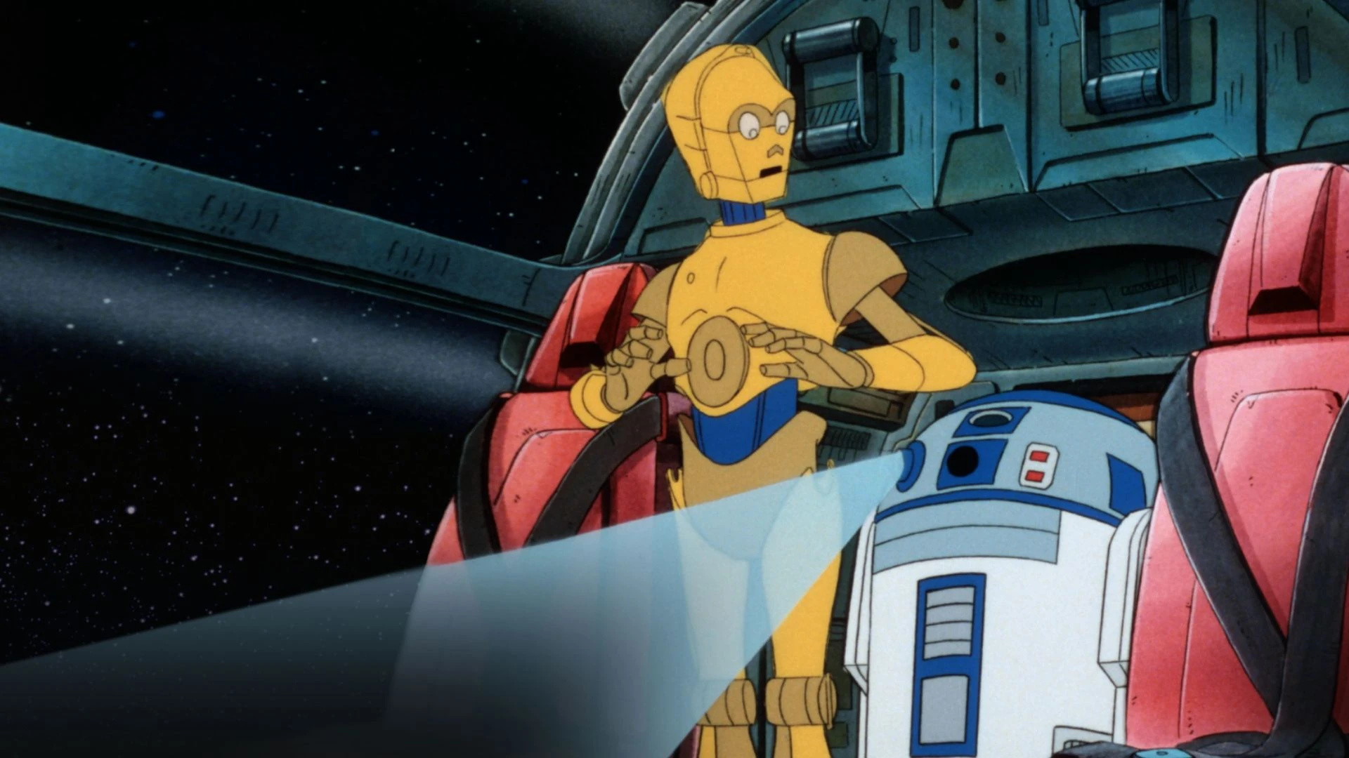 C-3PO y R2-D2, en dibujo animado tradicional, en la cabina de una nave con el espacio estrellado al fondo