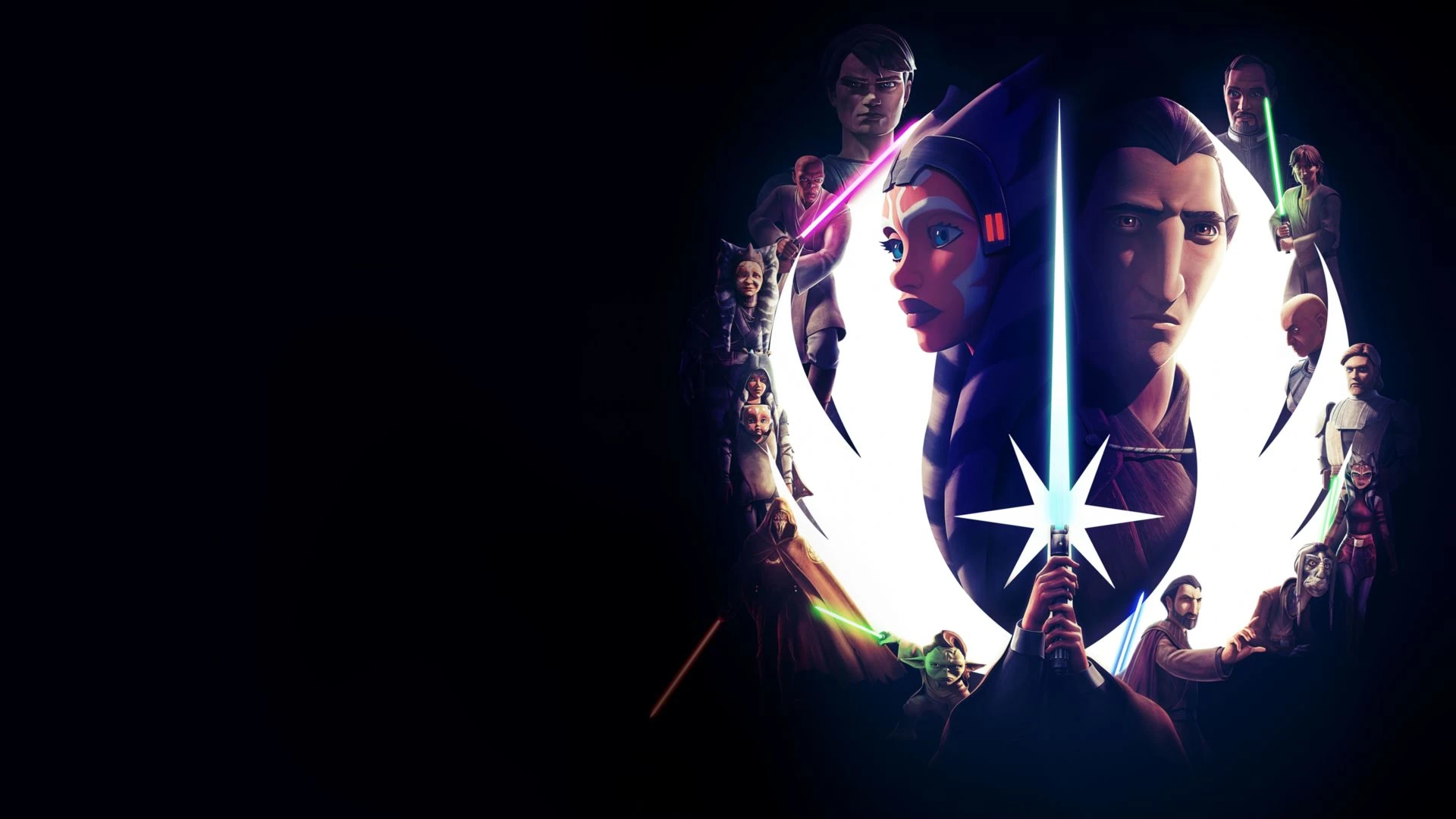 Arte de Star Wars: Las crónicas Jedi: el emblema blanco de la Orden Jedi, rodeado de personajes con sables de luz de colores y con los rostros de Ahsoka Tano y del conde Dooku, a la derecha sobre fondo negro