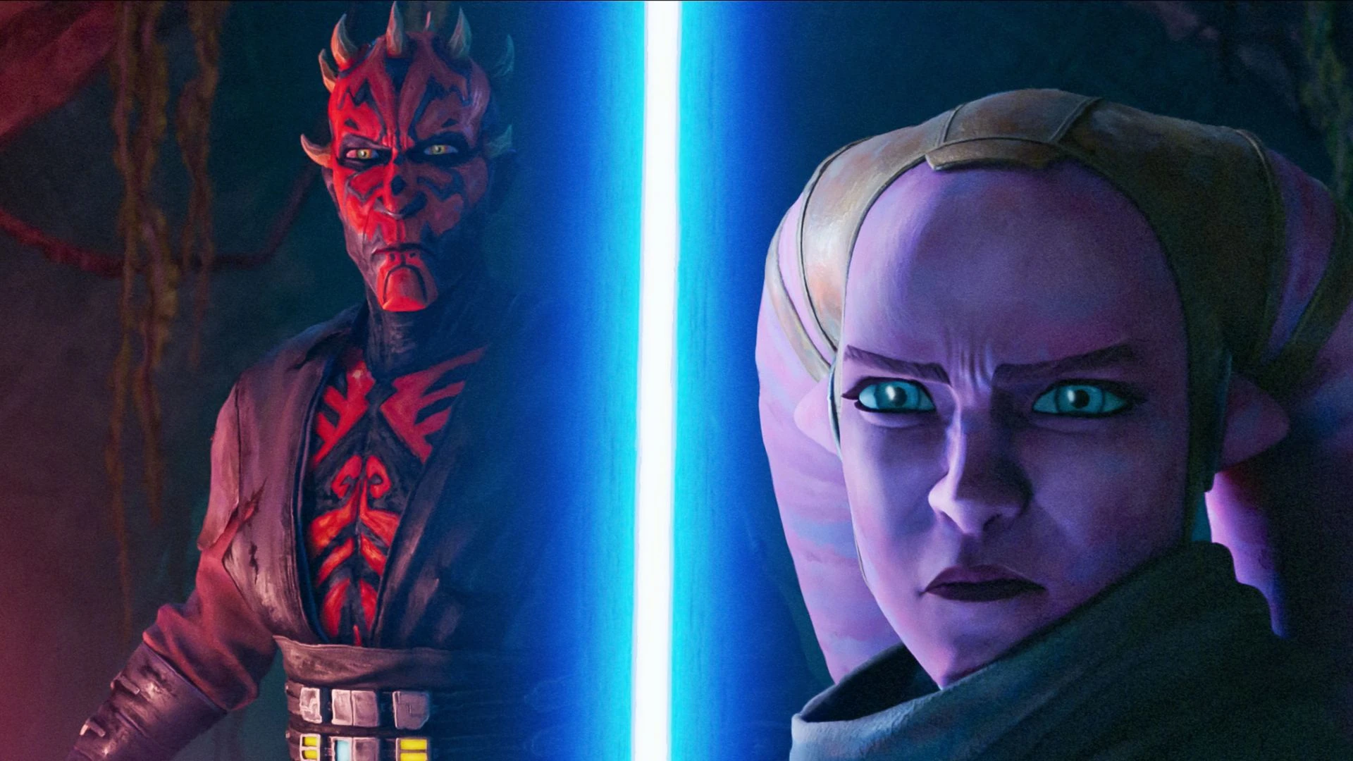 Maul, con la cara tatuada en rojo y negro, y una joven twi'lek de piel violeta, separados por la hoja encendida de un sable de luz azul