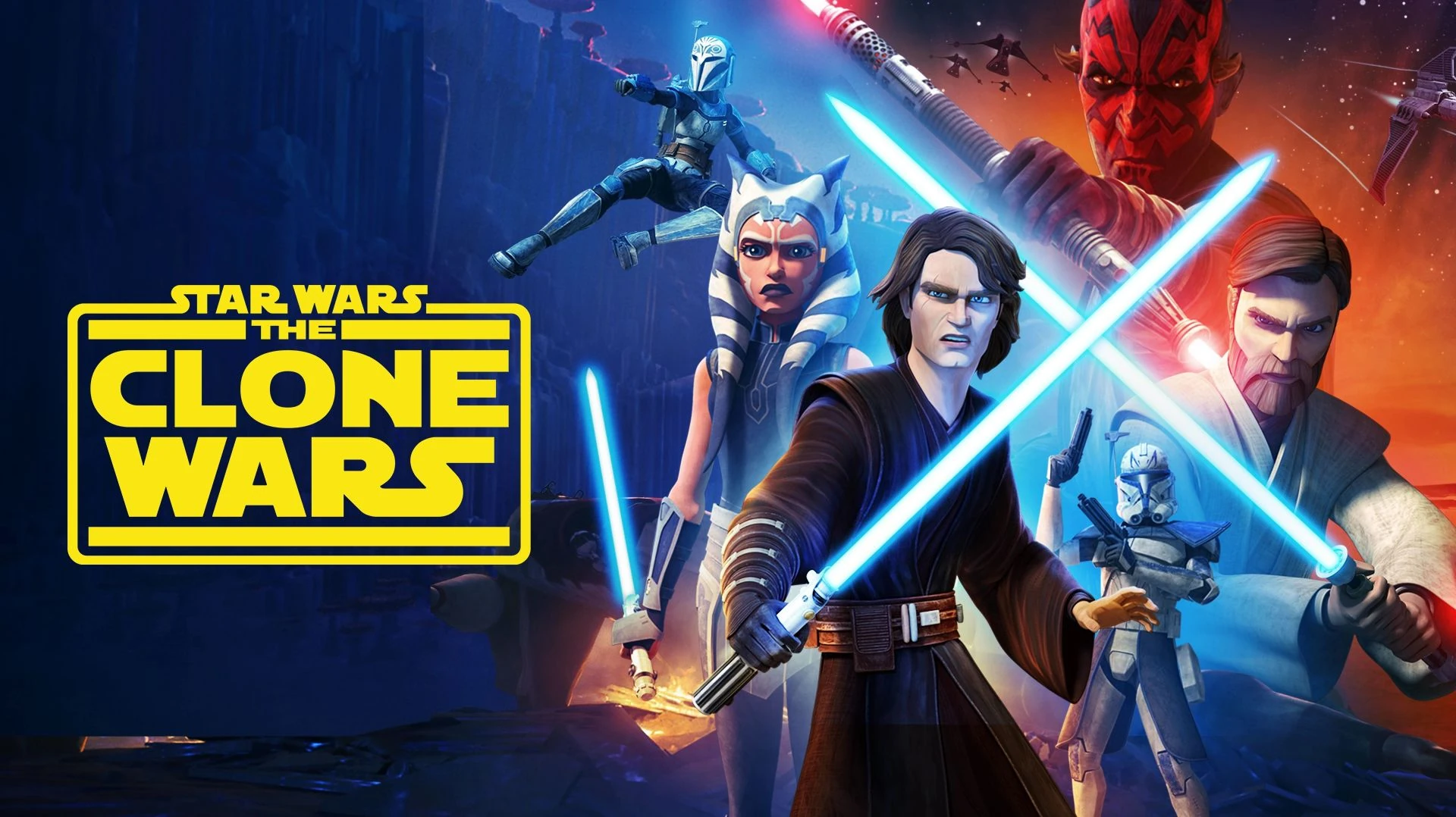 Arte de Star Wars: The Clone Wars: Anakin Skywalker, Ahsoka Tano, Obi-Wan Kenobi, el capitán Rex y Bo-Katan con las armas en alto, Maul al fondo con su sable rojo, junto al logotipo amarillo de la serie