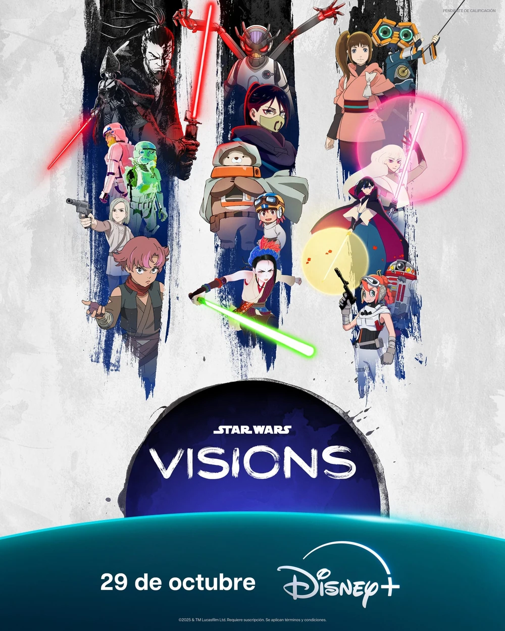 Cartel español del volumen 3 de Star Wars: Visions: personajes de los nuevos cortos, dibujados en estilo anime y con sables de luz de colores, sobre franjas de pintura azul y negra, y el logotipo de la serie abajo
