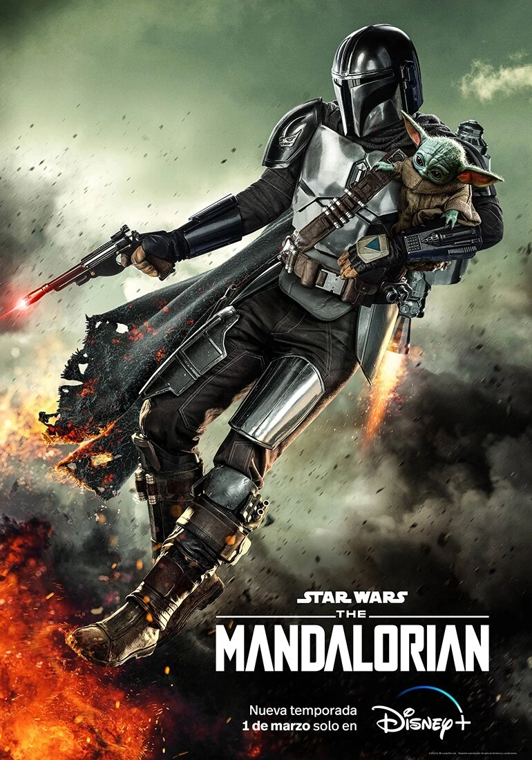 Cartel español de la tercera temporada de The Mandalorian: el Mandaloriano, con armadura plateada y pistola en mano, vuela con propulsores entre humo y llamas llevando a Grogu