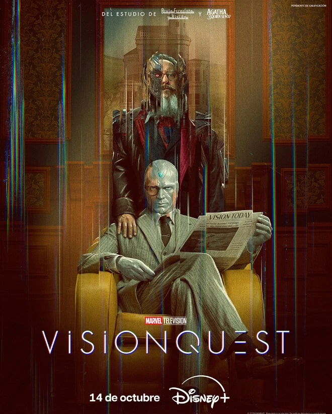 Cartel español de VisionQuest: Vision, de traje claro, sentado en un sillón amarillo leyendo un periódico, con Ultrón de pie detrás de él, y la fecha del 14 de octubre